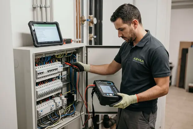 Electricista de Abyra midiendo con comprobador de instalaciones y registrando los valores en la tablet