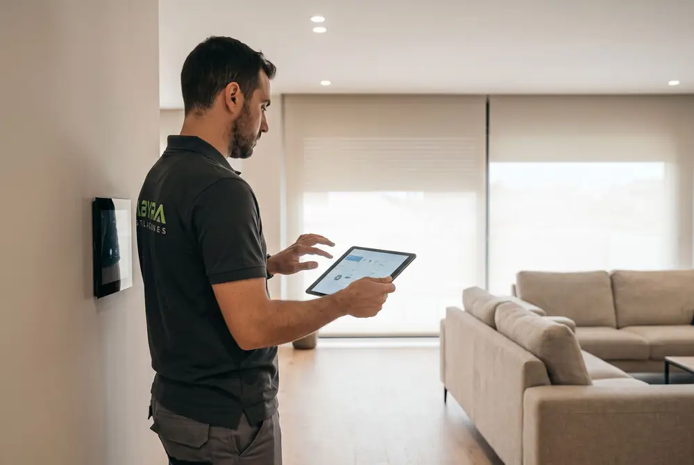 Técnico de Abyra configurando desde la tablet la pantalla de control domótico del salón de una vivienda
