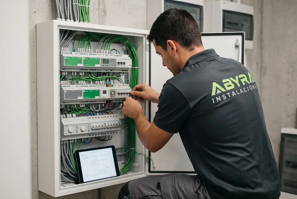 Electricista de Abyra ajustando un cuadro de control con la tablet abierta en el esquema unifilar