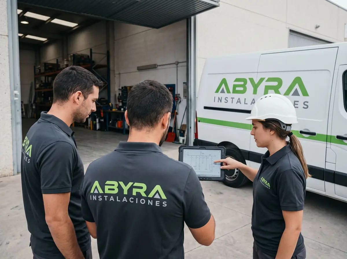 Equipo de Abyra Instalaciones repasando el esquema en una tablet delante de la furgoneta rotulada