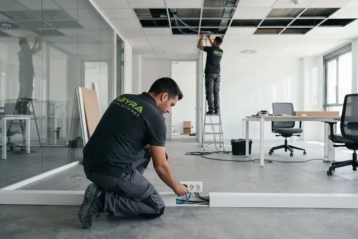 Dos electricistas de Abyra cableando canaleta y techo en unas oficinas