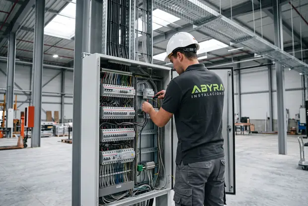 Electricista de Abyra trabajando en el cuadro general de una nave industrial
