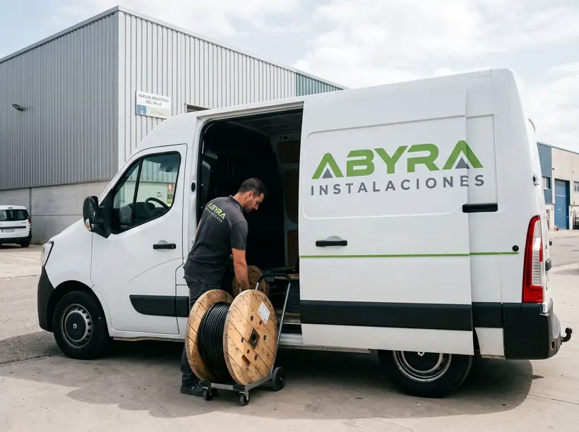 Furgoneta rotulada de Abyra Instalaciones en el polígono, descargando un carrete de cable