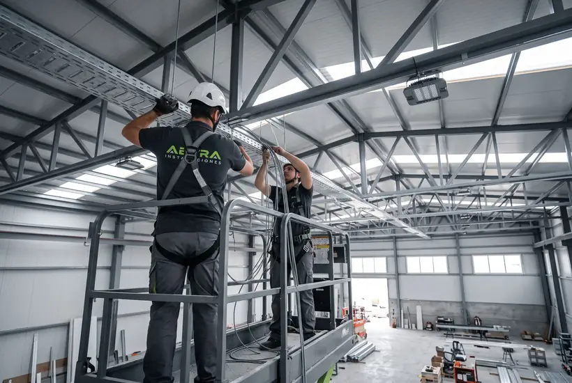 Dos electricistas de Abyra montando bandeja bajo la estructura de una nave ya iluminada