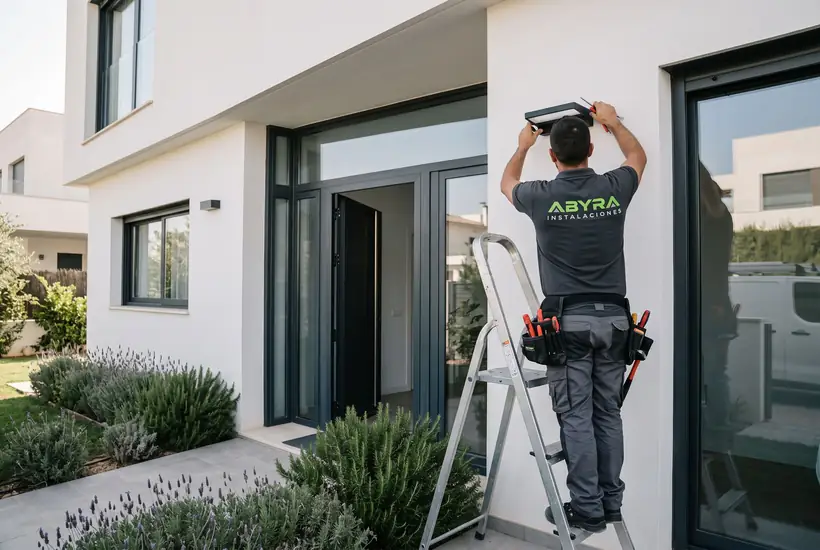 Electricista de Abyra instalando un aplique exterior en una vivienda unifamiliar