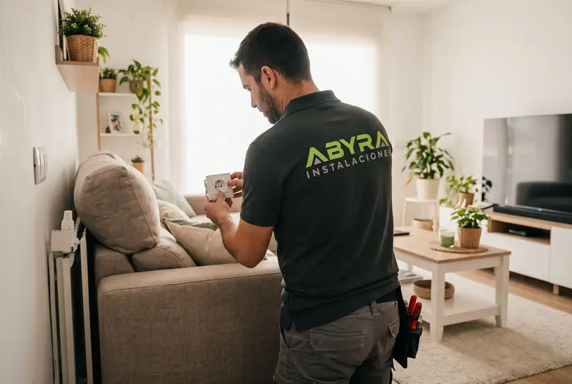 Electricista de Abyra colocando un mecanismo en el salón de una vivienda entregada