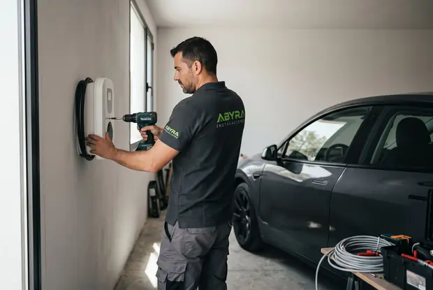 Electricista de Abyra instalando un punto de recarga para vehículo eléctrico en un garaje