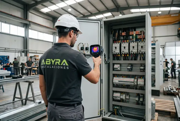 Técnico de Abyra revisando un cuadro con cámara termográfica, con los puntos calientes en pantalla