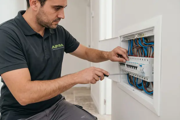 Electricista de Abyra apretando las protecciones del cuadro de una vivienda terminada